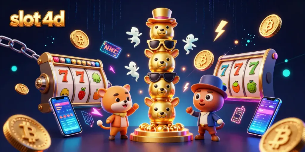 Memenangkan slot 4d dengan totem emas berwajah lucu dikelilingi simbol kasino dan koin digital