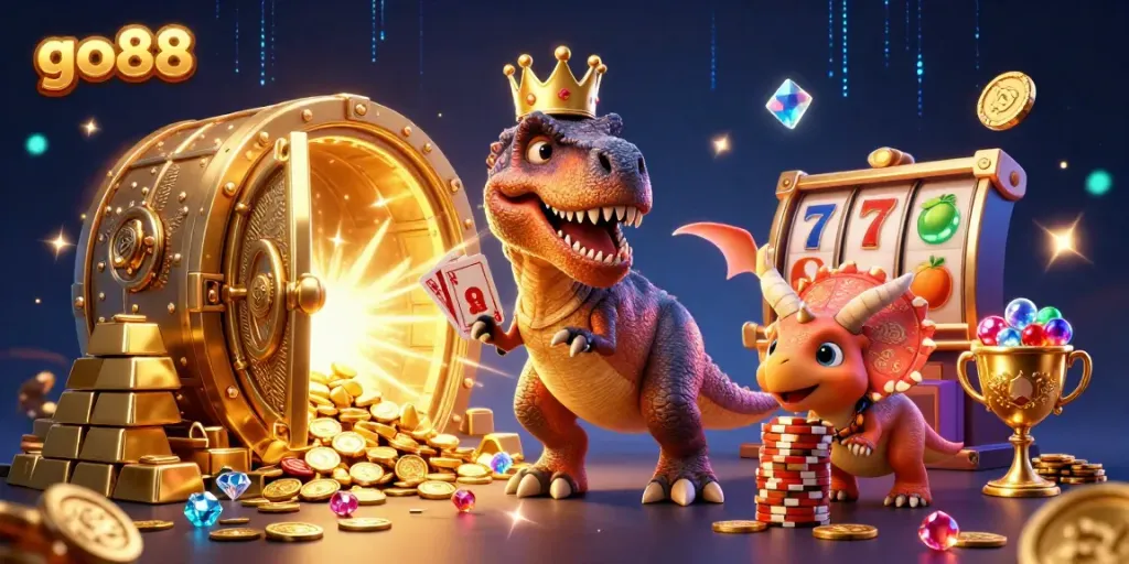 Experience excitement with go88 as a T-Rex shuffles cards, a Pterodactyl assists, and golden chips are stacked.