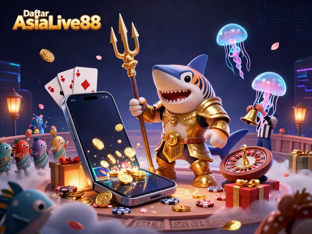 Experience thrilling gameplay with Daftar AsiaLive88, featuring a tiger shark in gladiator armor and dynamic casino elements.