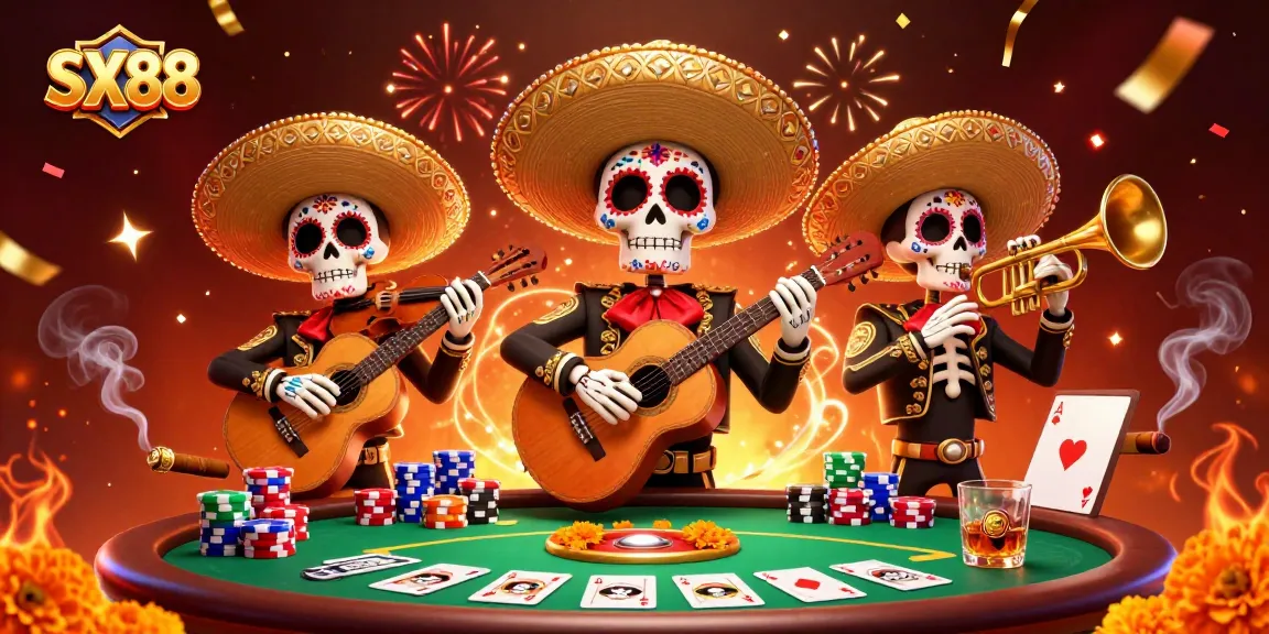 SX88-themed vibrant casino scene with mariachi band and poker elements, showcasing high-energy gameplay