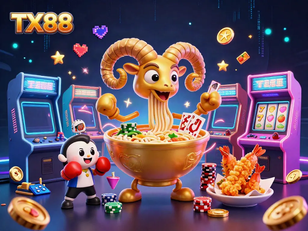 Engage in thrilling casino action with TX88 as a giant ramen bowl dealer, vibrant game elements surround.