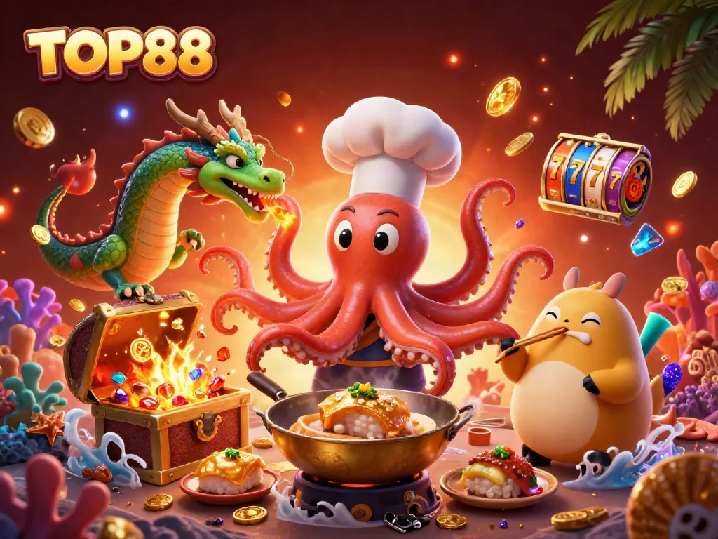 Engage with TOP88's vibrant online casino scene featuring thrilling slot reels and spirited characters.