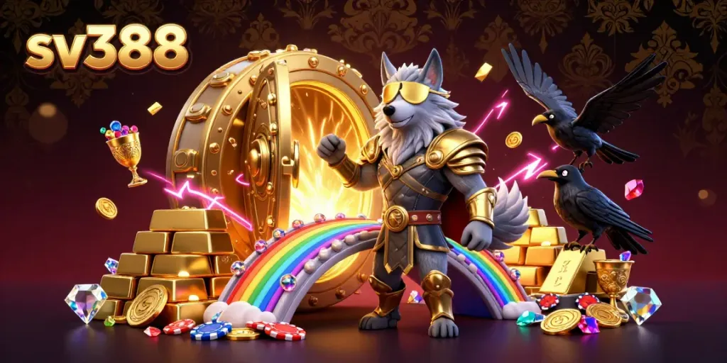 Experience exciting sv388 action with Odin and ravens celebrating on a vibrant casino bridge.