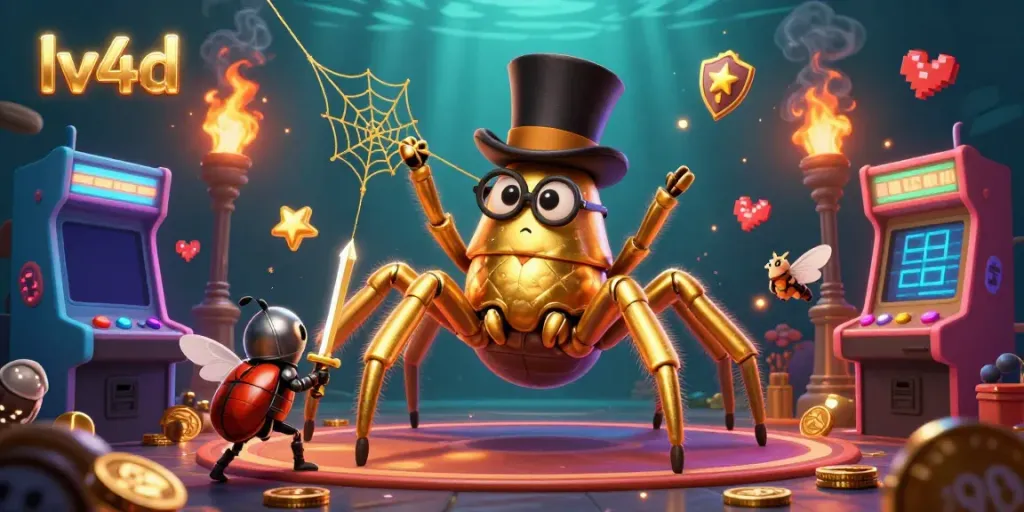 Engage with the vibrant lv4d casino world, featuring a giant golden tarantula and interactive game elements.