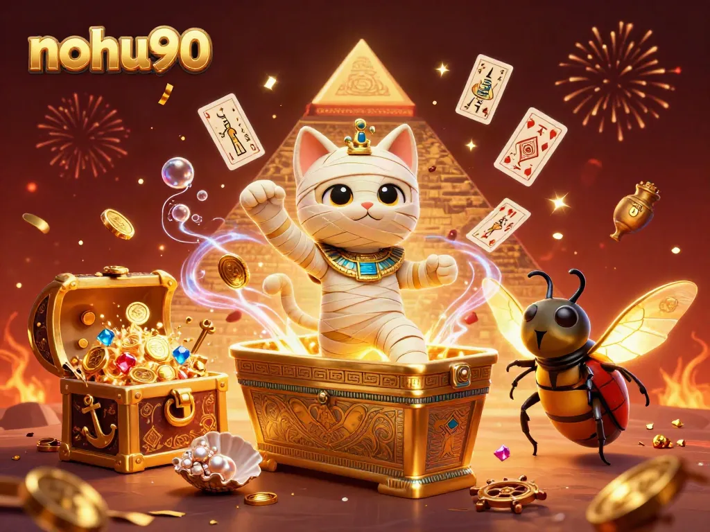 Unleash fun with nohu90's online casino gaming featuring an Egyptian mummy cat and treasures.