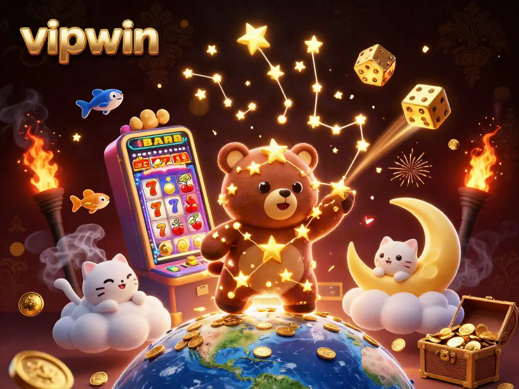 Win exciting rewards at vipwin with a vibrant 3D casino scene featuring a golden bear, slot machines, and more!