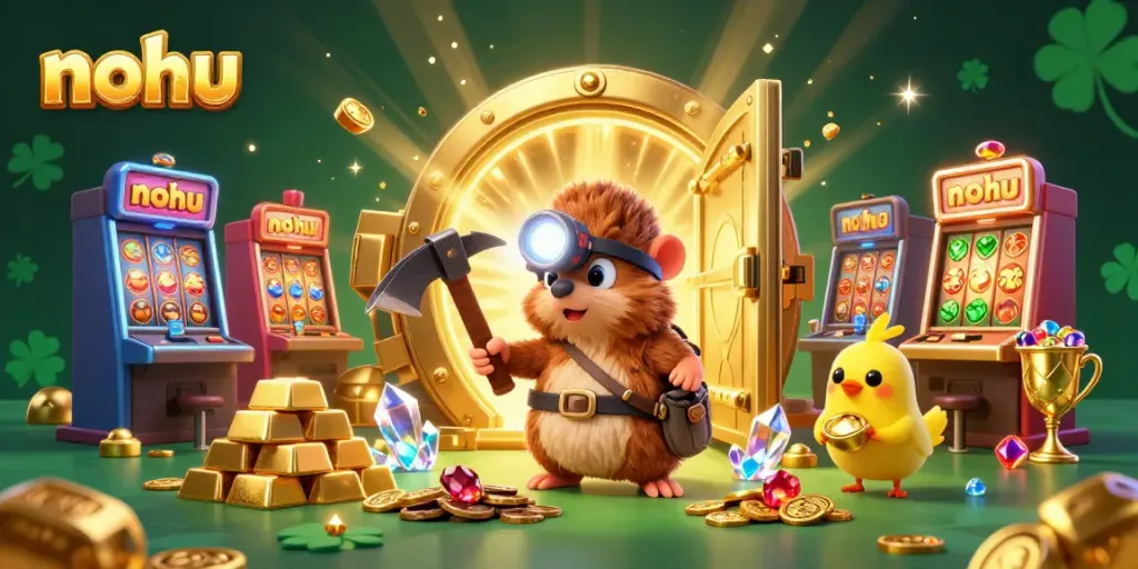 Nohu slot games illuminate with golden jackpots and vibrant themes in a magical casino scene.