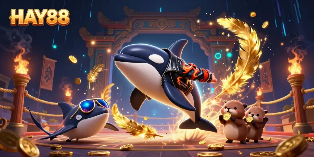 Experience HAY88 with cartoon characters enjoying a vibrant casino adventure in this 3D scene.