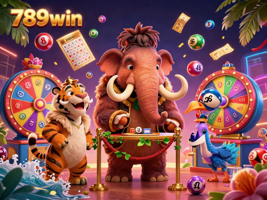 Experience casino thrills with 789win in a colorful scene of lottery excitement and vibrant characters.