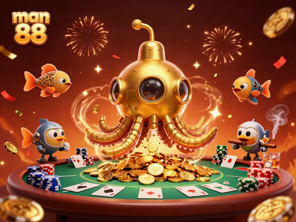 Join the adventure at man 88, where a golden kraken submarine leads the way through a treasure-filled casino!