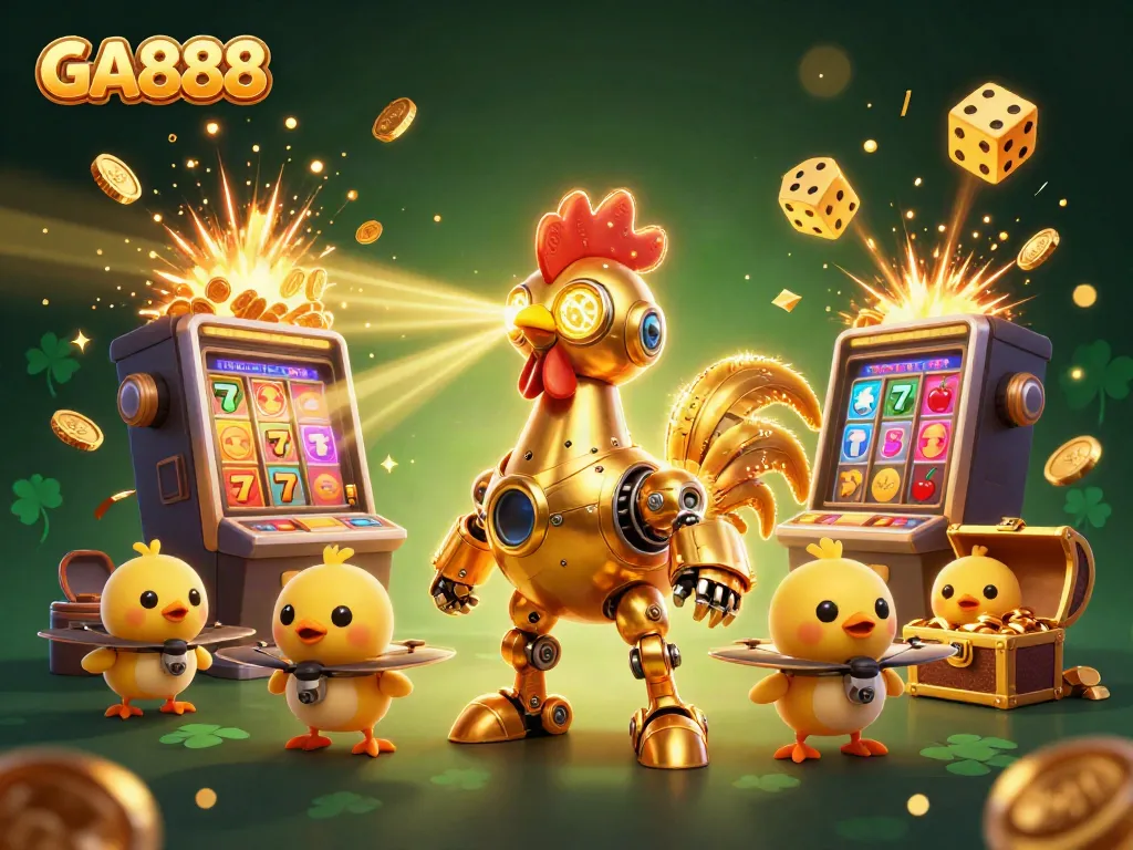 Engage in thrilling gameplay with GA888, featuring a vibrant golden rooster robot and baby chick drones amidst a casino explosion.