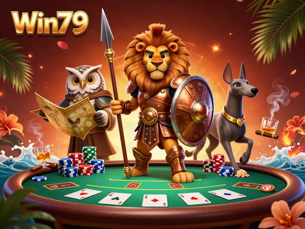 Engage with Win79's vibrant gaming world featuring an armored Spartan lion and rich casino elements.