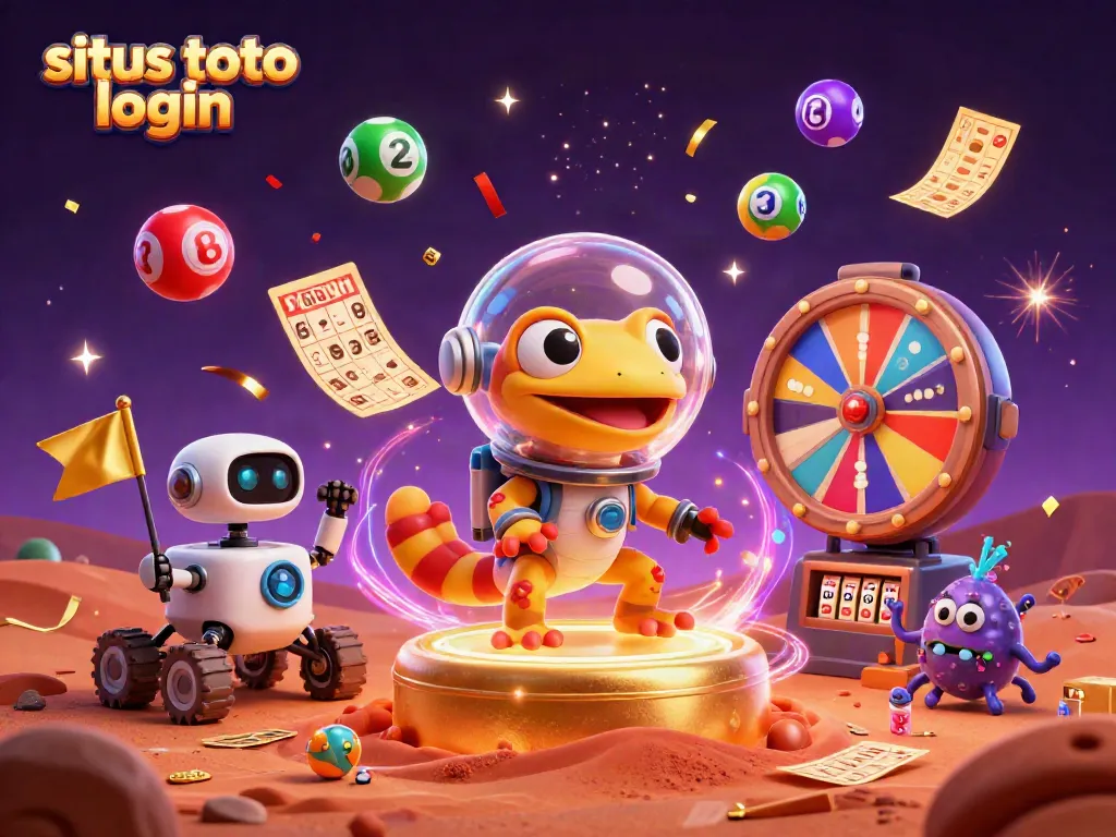 Engaging scene showcasing a vibrant universe of winnings at situs toto login with Martian gecko and cheering bacteria.