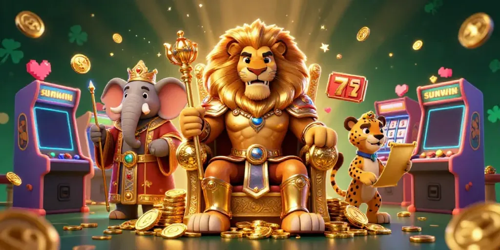 Experience excitement at SUNWIN with a vibrant casino-themed illustration featuring lucky symbols.