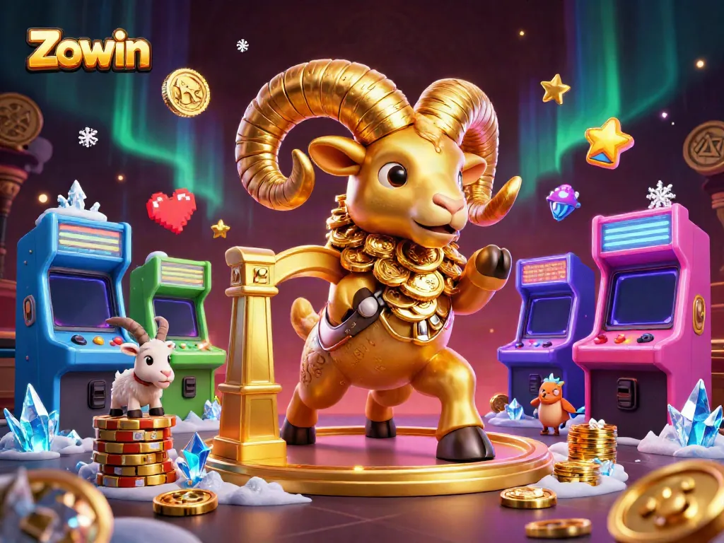 Experience the thrill of Zowin games with golden ram and vibrant casino elements in this stunning illustration.