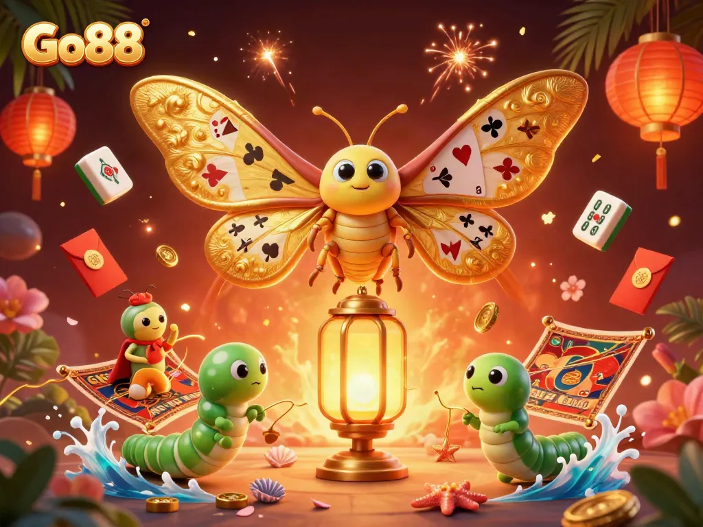 Engage with Go88's vibrant casino scene featuring a majestic moth and dynamic game elements.