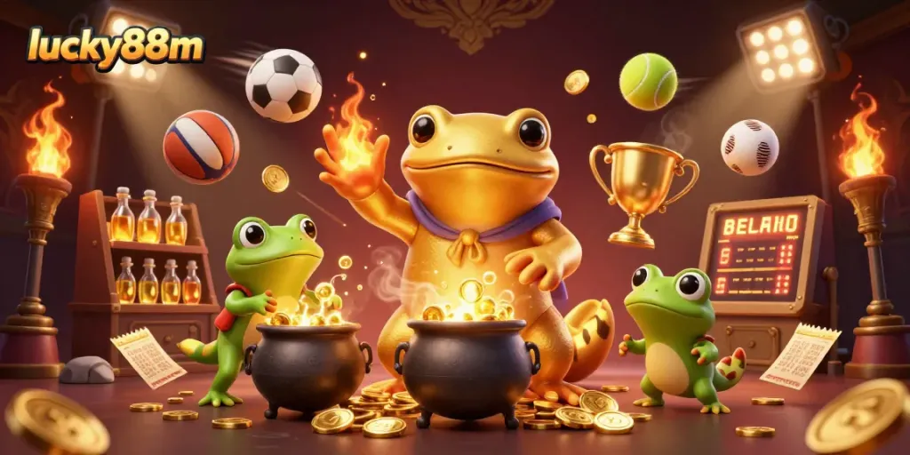 Experience exciting gameplay with lucky88m as golden coins swirl amid a dynamic casino scene.
