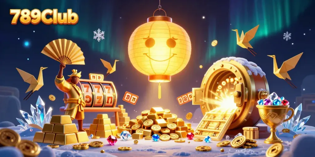 Engage with the vibrant world of 789Club, featuring exciting slot reels and a glowing golden lantern spirit.