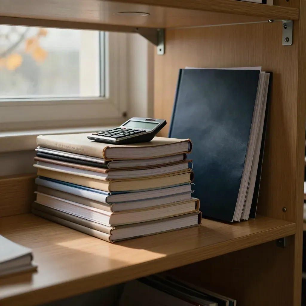 Półka z materiałami do matematyki, kalkulatorem i cyrklem w ciepłym świetle poranka