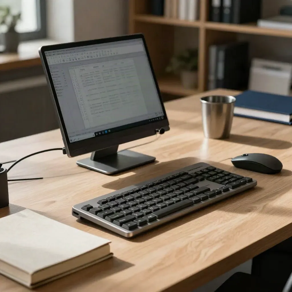 Laptop, klawiatura i workbook gotowe do szkolenia z Excela w ciepłym biurze.