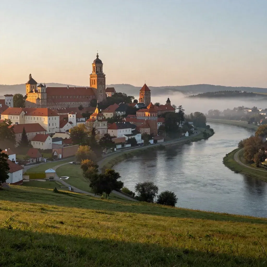 Złoty poranek nad Krakowem, Wawel wysoko nad mglistym zakolem Wisły i łąką.