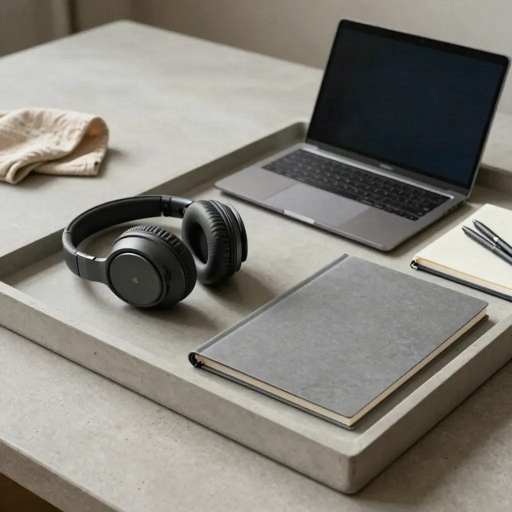 Notebook, słuchawki, laptop i dwa długopisy na kamiennej tacy w chłodnym świetle.