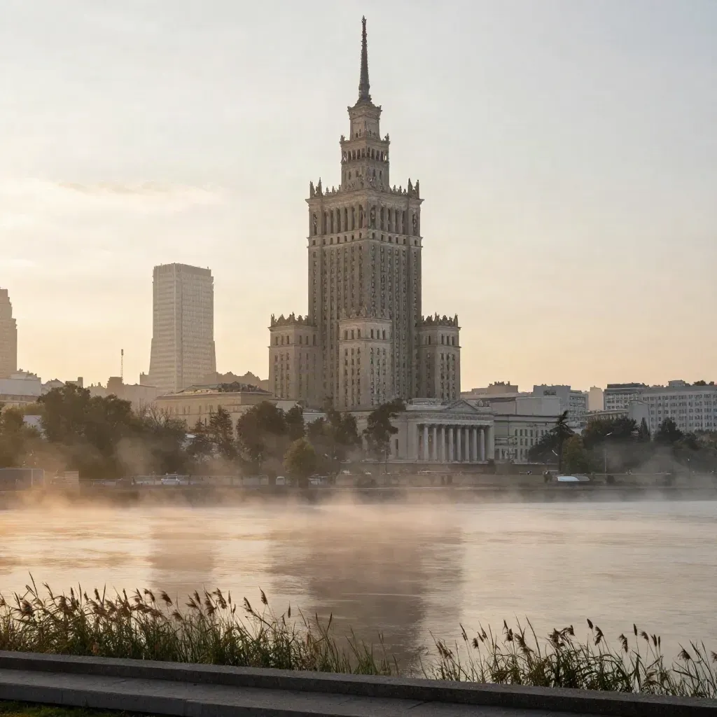 Panorama Warszawy o świcie nad mglistą Wisłą, Pałac Kultury wysoko w kadrze.