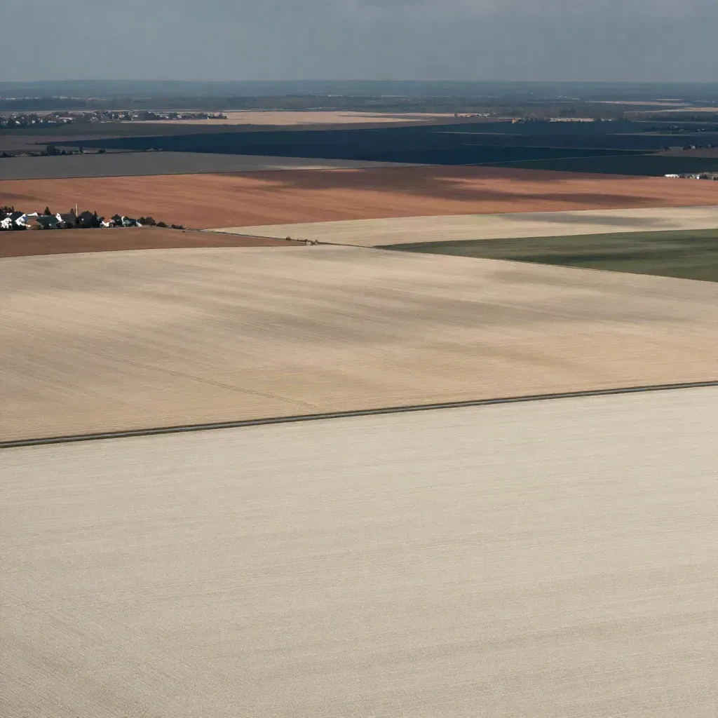 Miękki lotniczy pejzaż pól i obrzeży miast Polski nad spokojnym pustym planem