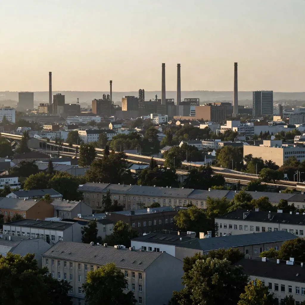 Panorama Górnego Śląska z Katowicami i przemysłowymi sylwetkami w ciepłej mgle.