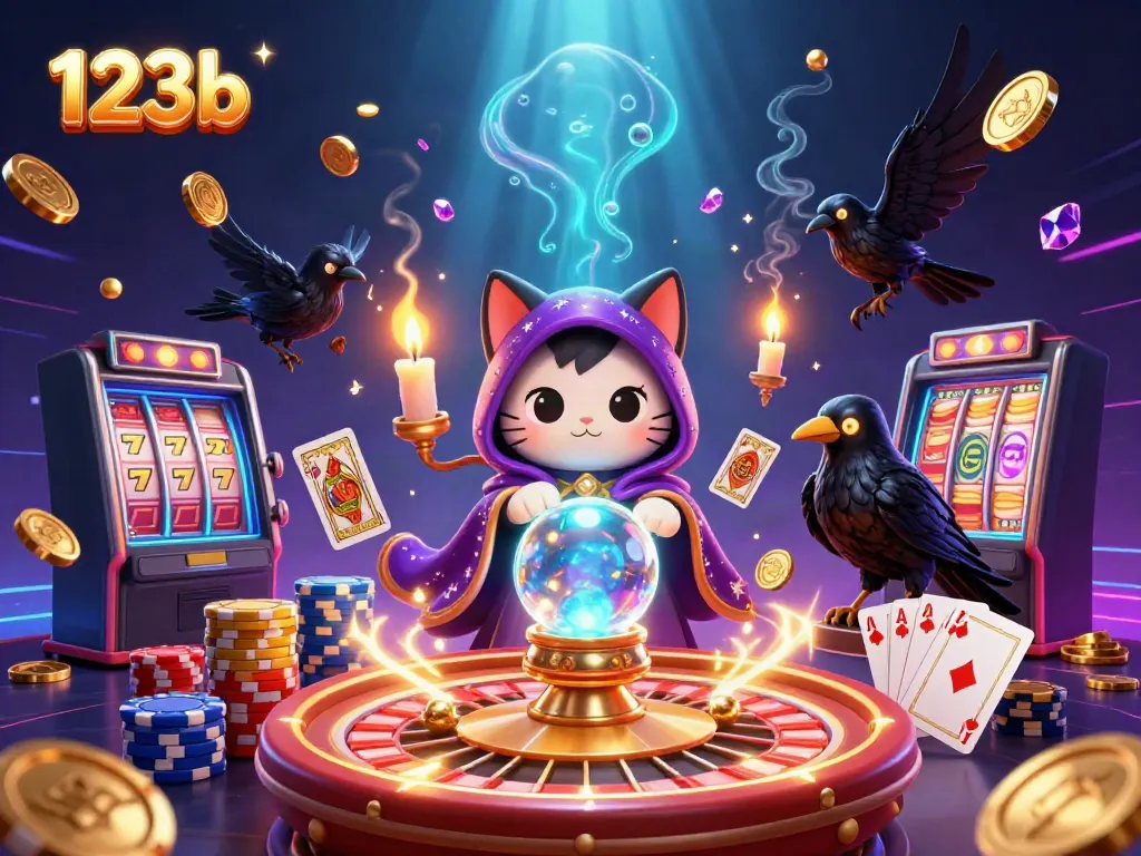 Engage in thrilling gambling action with 123b's magical atmosphere, featuring a fortune teller cat and mystical elements.