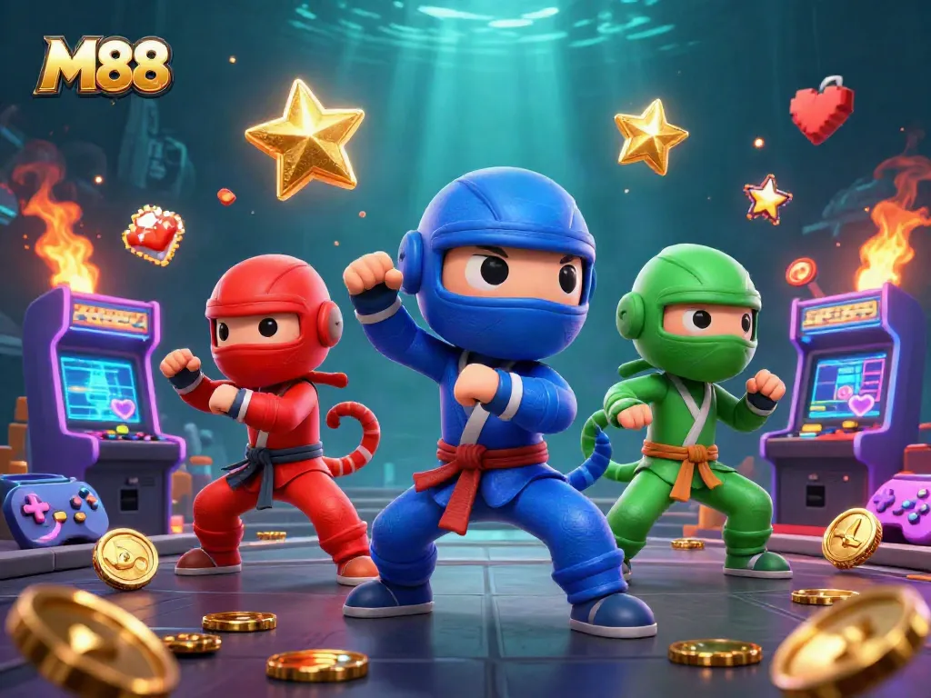 M88 enhances gaming strategies with colorful 3D casino art and cartoon chameleon ninjas