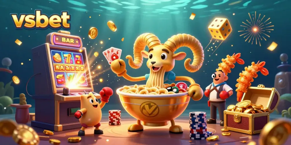 Experience an exhilarating vsbet casino scene with a vibrant 3D ramen bowl dealer amidst a jackpot explosion.