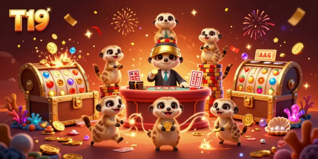 T19 casino meerkats managing an exciting, lively gaming environment with gold coins and slot reels.