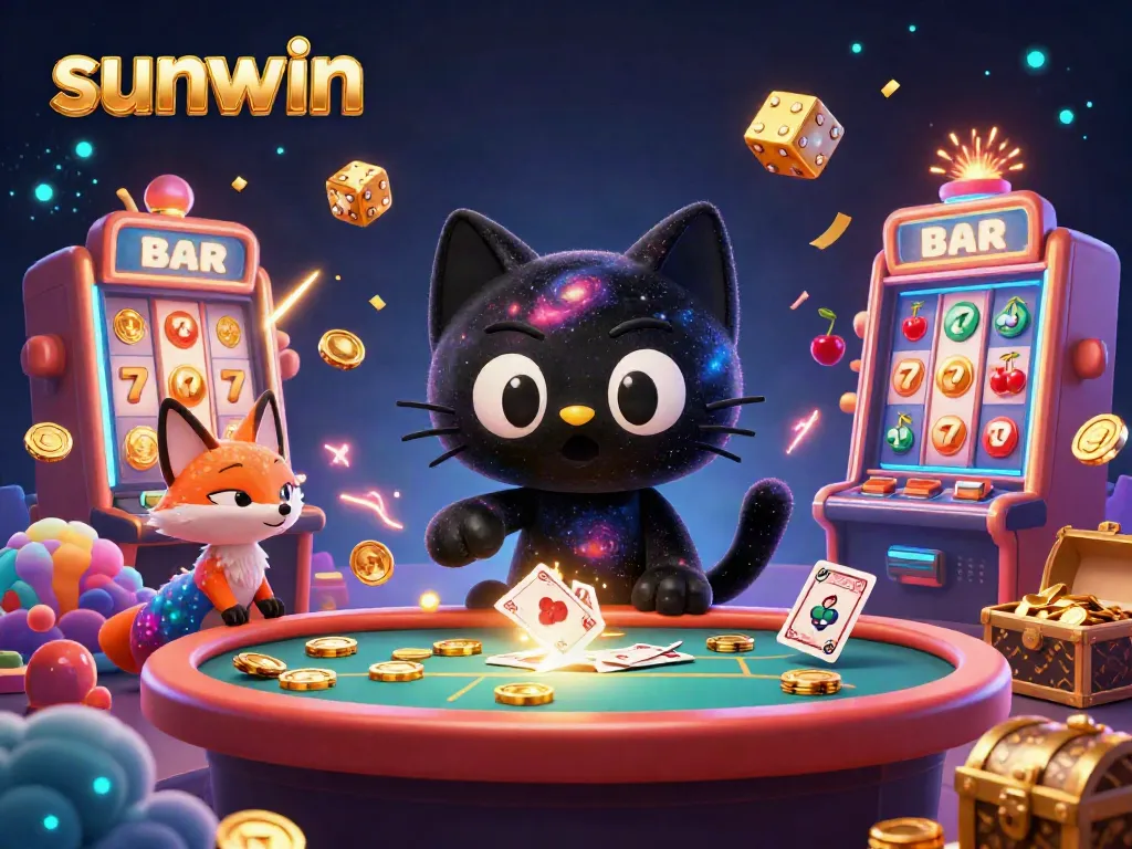 Experience thrilling wins at sunwin with vibrant characters and rich casino elements in a dynamic cosmic setting.