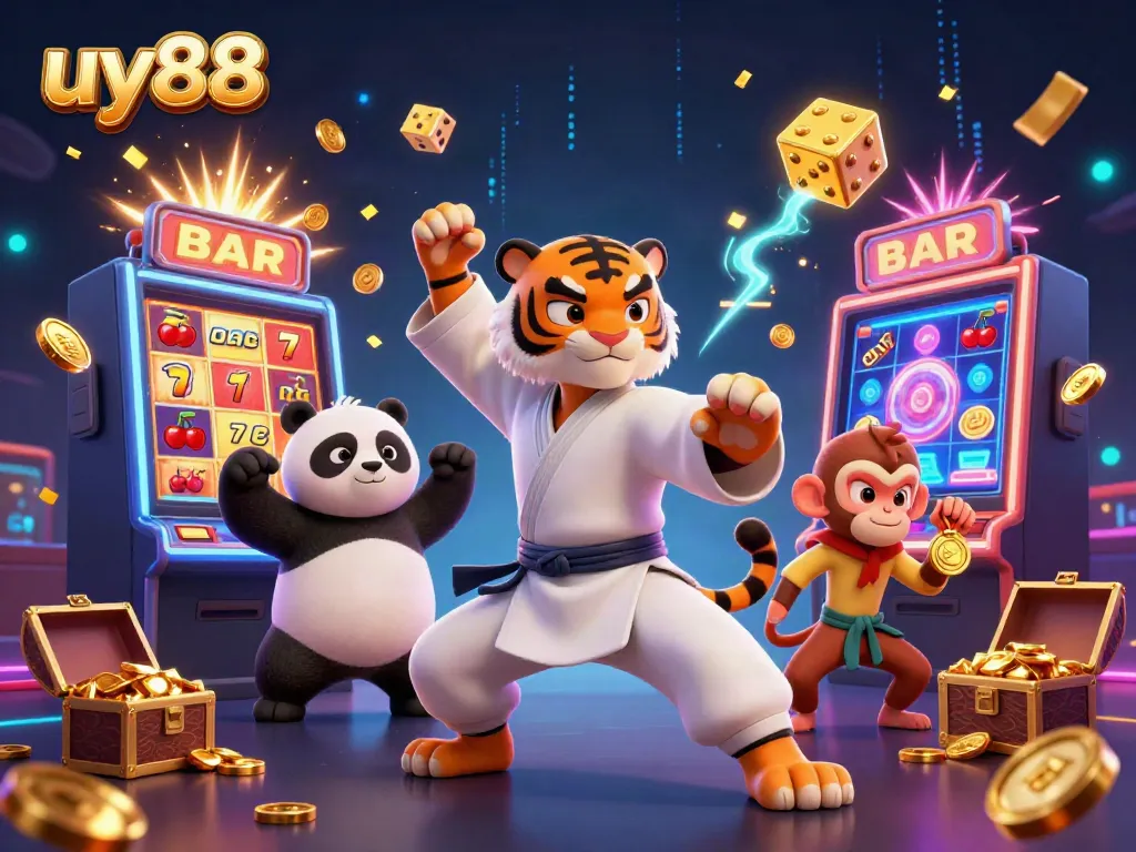 Engage in thrilling gaming action at uy88 featuring a 3D kung fu tiger and casino elements.