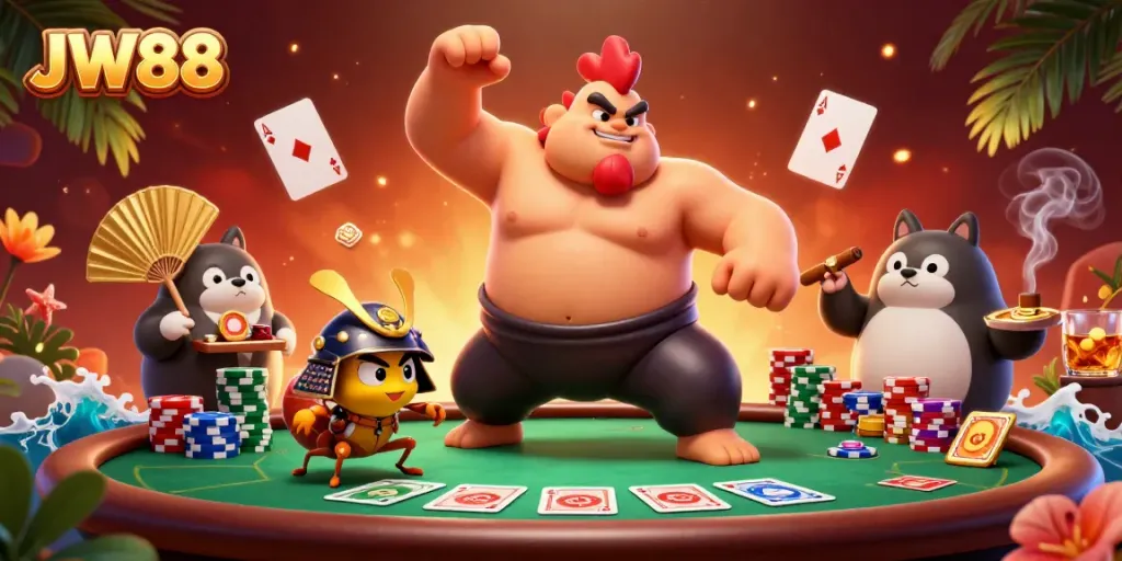 Engage in thrilling poker gameplay at JW88, featuring dynamic characters and vibrant casino elements.