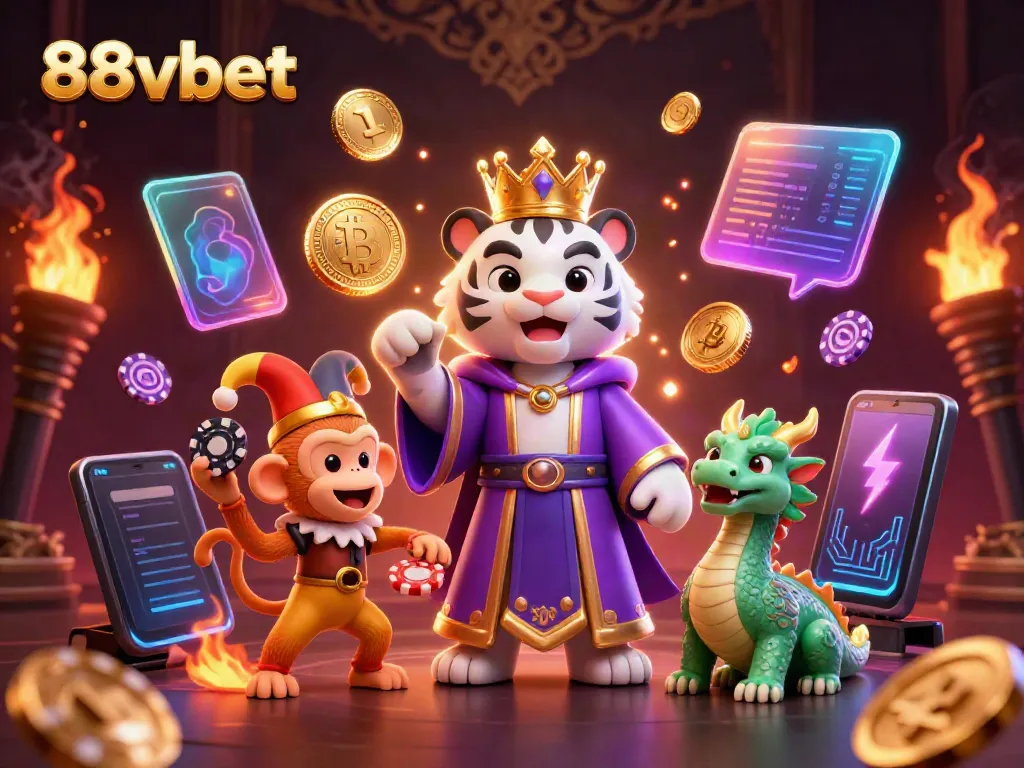 Engage with 88vbet as the elegant tiger, monkey juggling chips, and jade dragon create a vibrant casino atmosphere.