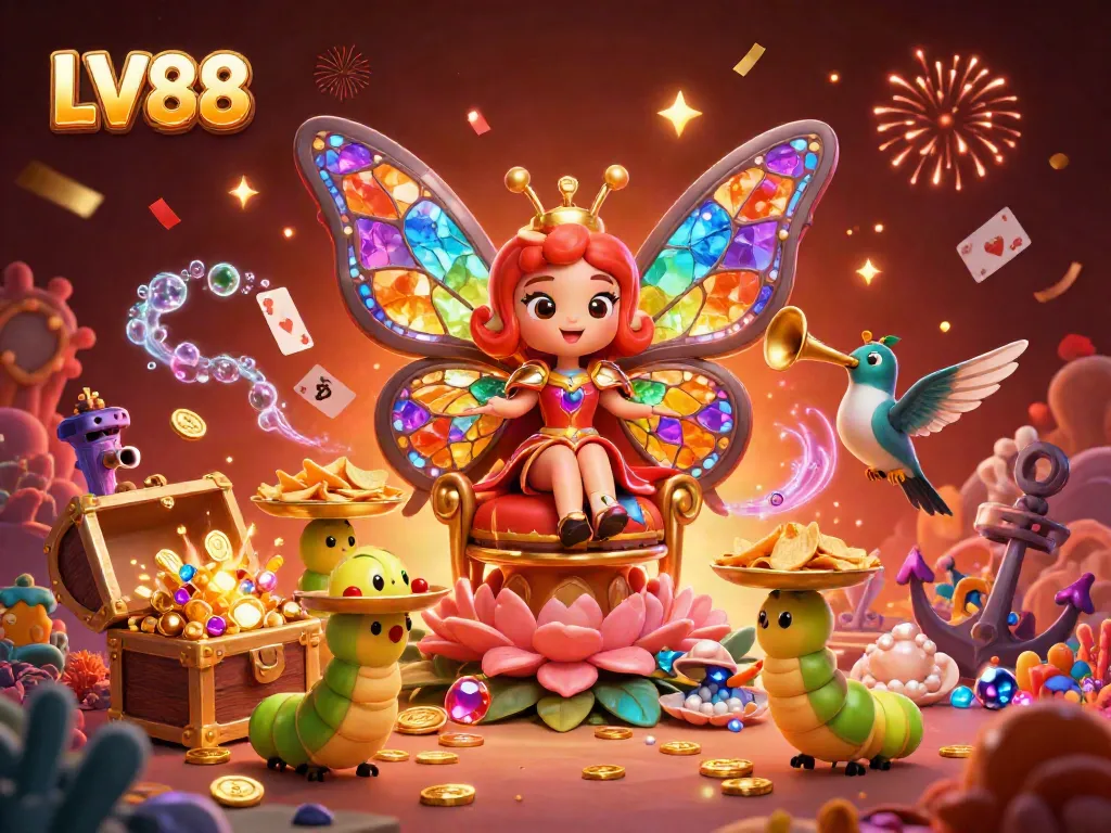 Engage in exciting slot gameplay at LV88 with vibrant animated characters and winning elements.