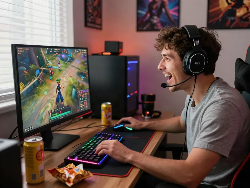 Gamer immersed in istana404 gaming session, vibrant room with gaming setup
