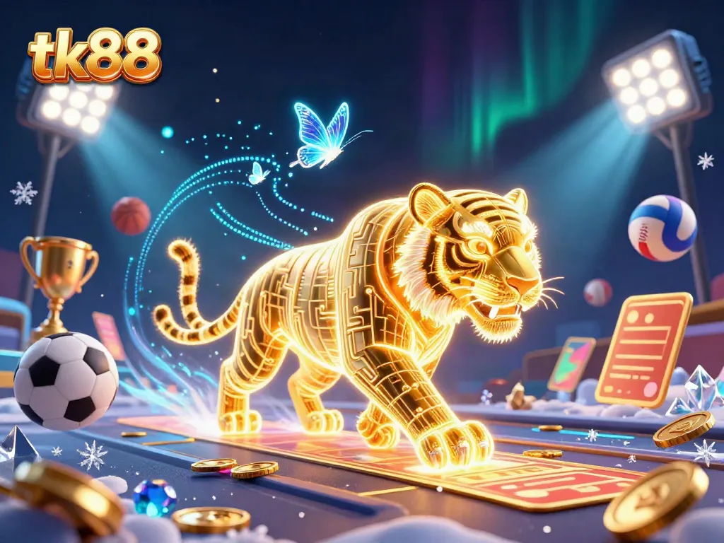 Experience excitement with tk88 as a neon-wireframe tiger roams a vibrant digital casino.