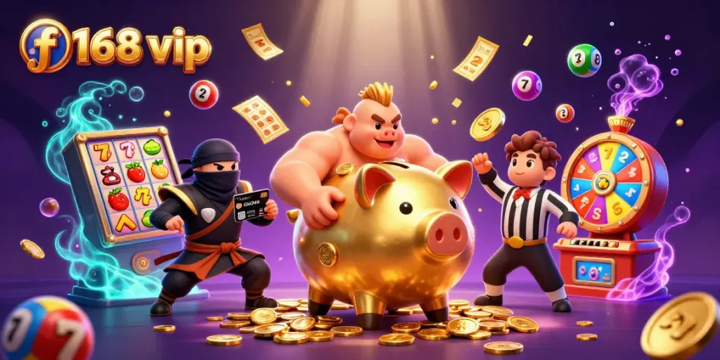 Engage with exciting f168 vip moments represented by lively characters in a dynamic casino scene.