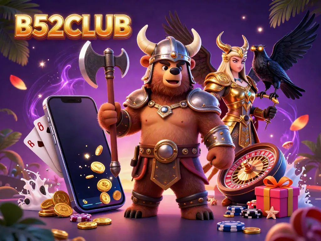 Engage with the exciting world of B52CLUB, featuring a Viking bear and Valkyrie eagle in a vibrant casino setting.
