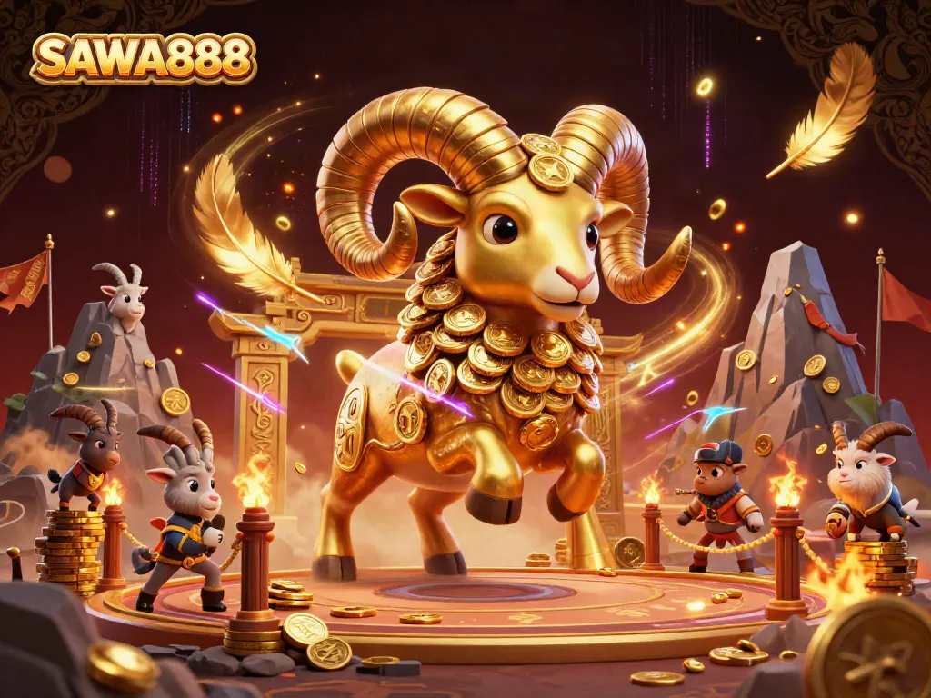 Engage with SAWA888 in an energetic 3D scene featuring a golden ram and dynamic gaming elements.