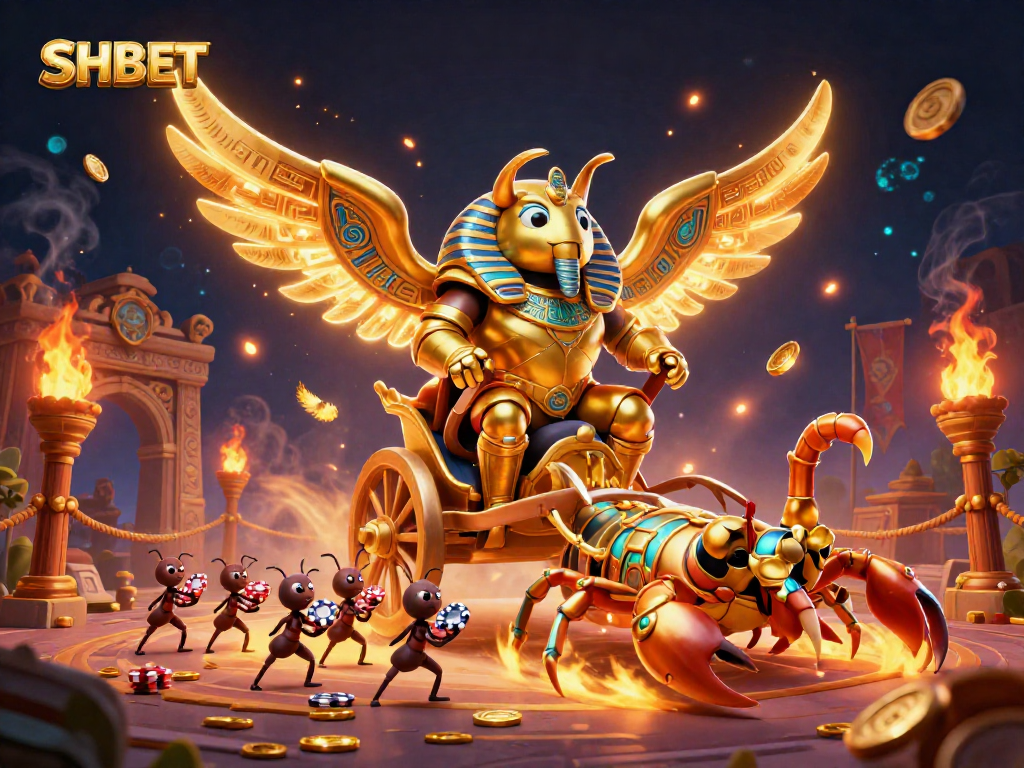Engage with SHBET's lively casino scene featuring a golden scarab and scorpions amidst exciting betting symbols.