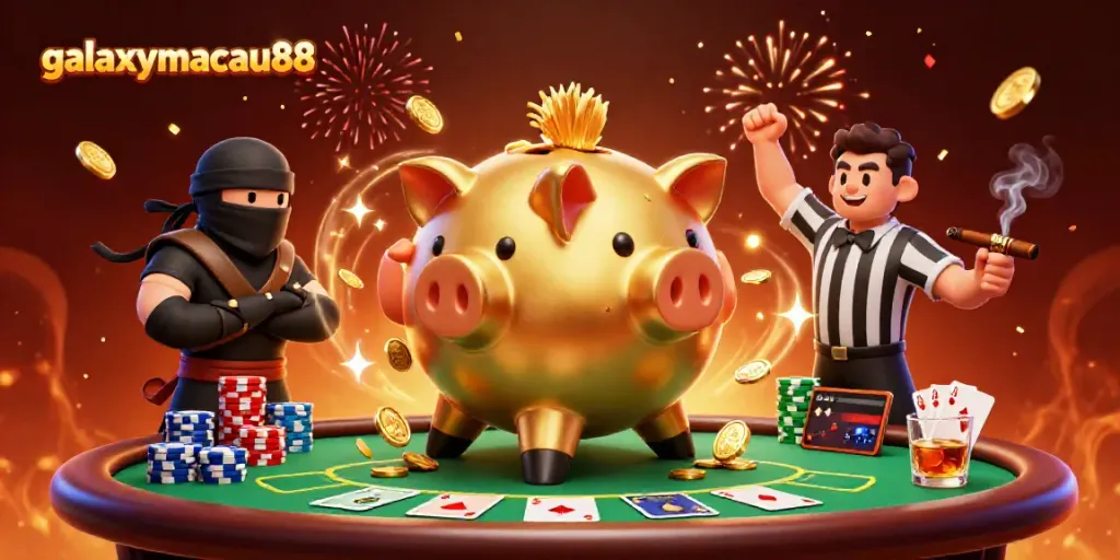 Engaging scene with galaxymacau88 featuring a sumo wrestler piggy bank, ninja, and samurai in a vibrant casino atmosphere.