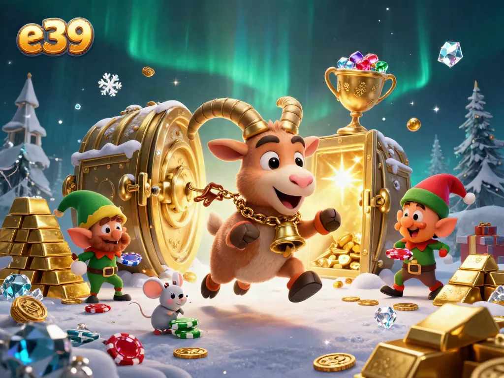 Experience thrilling gameplay at e39 with a festive casino scene featuring lively characters and gleaming treasure.