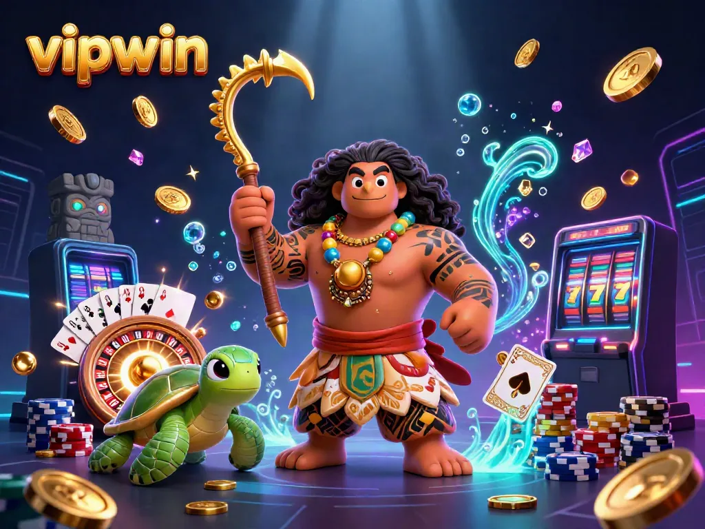 Experience thrilling gameplay with vipwin's 3D demigod and friends amidst casino excitement.