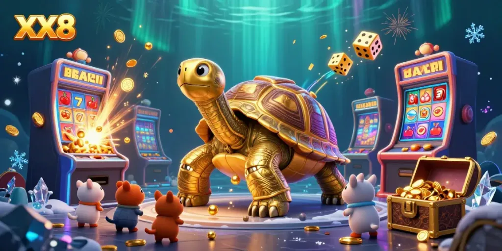 Engage with XX8's thrilling casino experience, highlighting golden tortoise and dynamic game elements.