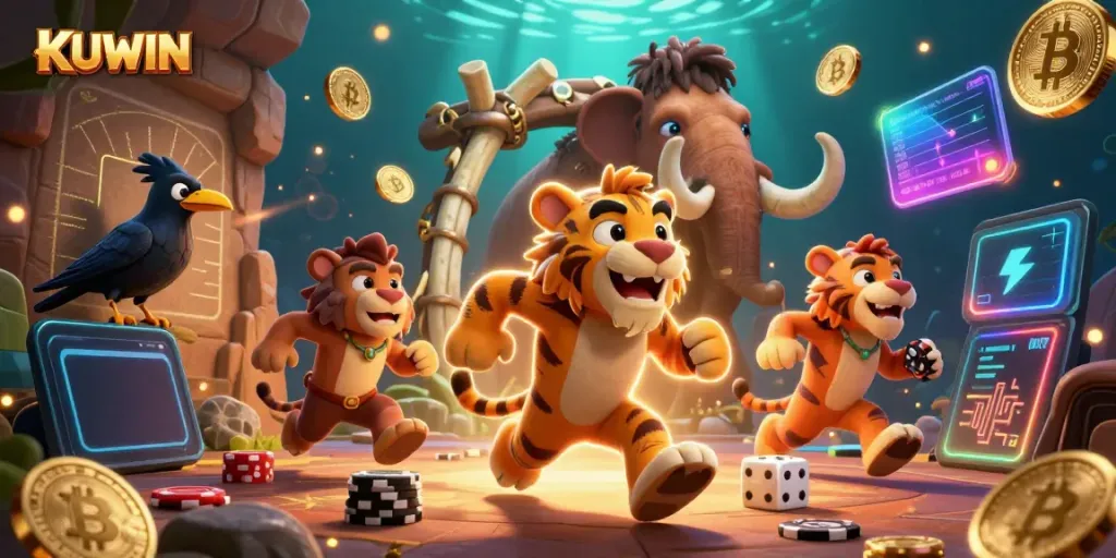 KUWIN showcases a vibrant cartoon casino scene with a caveman and saber-tooth tiger playing games.
