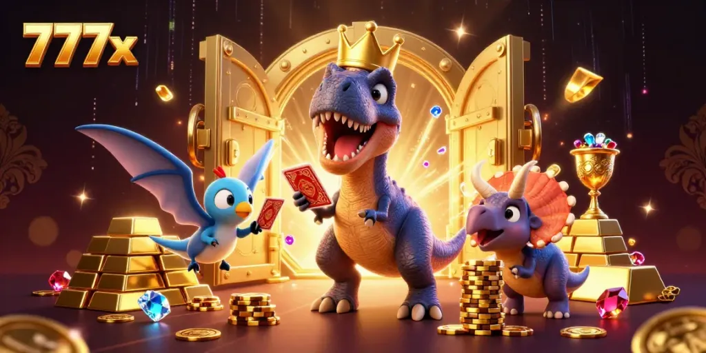 Experience thrilling action at 777x with T-Rex and friends playing cards in a 3D casino.